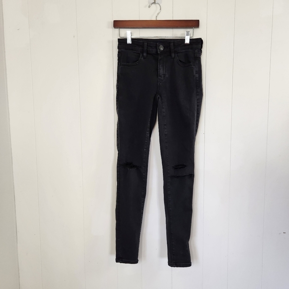 American Eagle AEO Black Hi-Rise Jeggings Ripped High Waisted Stretchy Skinny - Picture 2 of 12
